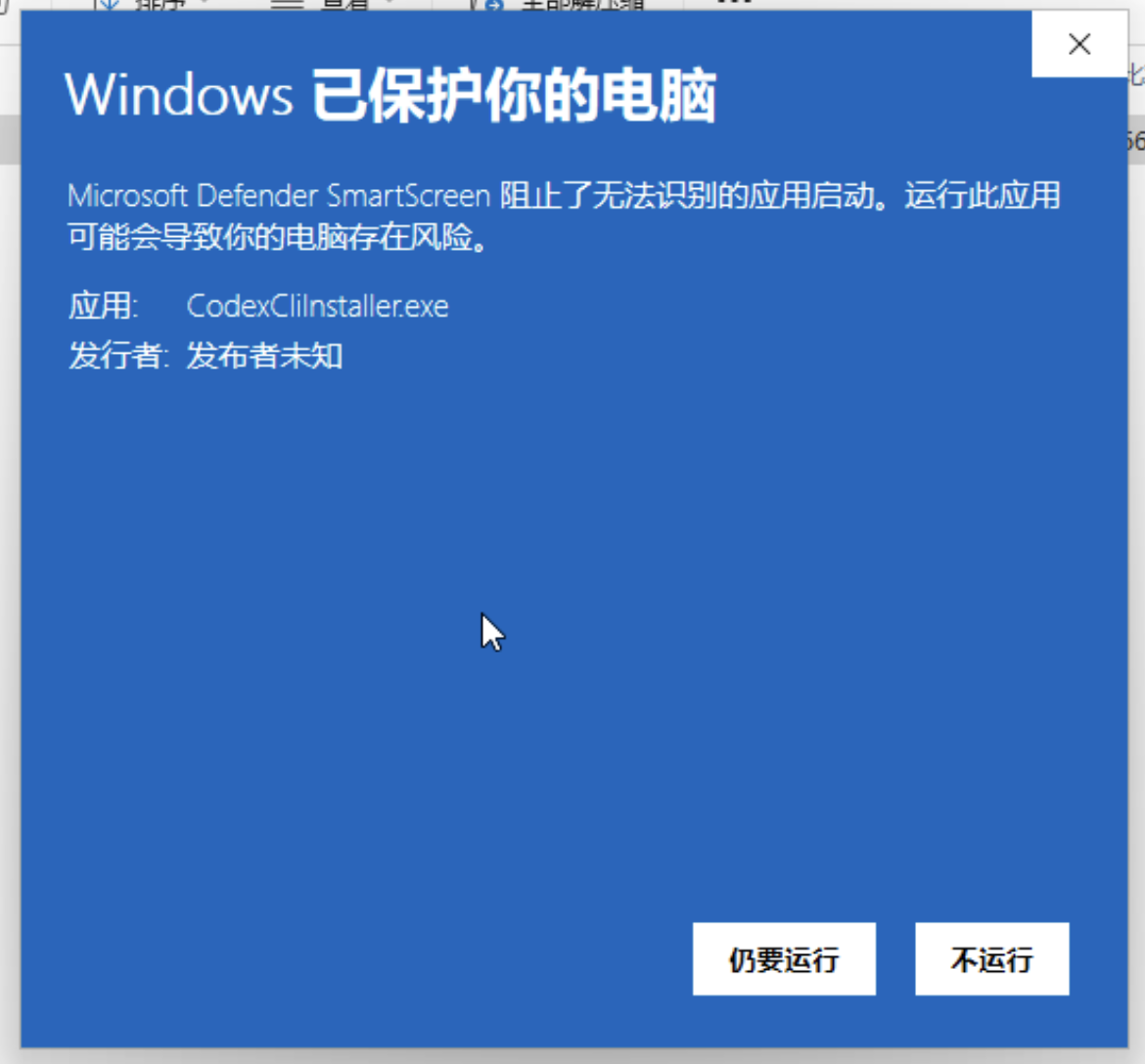 Windows SmartScreen 提示，点击"仍要运行"继续