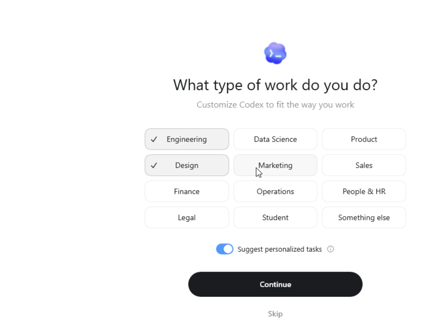 Codex 桌面版首次设置，勾选工作类型